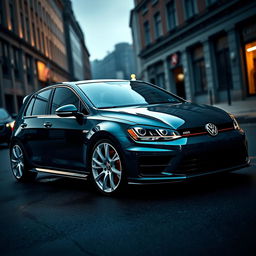 A captivating dark green MK7 Volkswagen Golf R, adorned with stylish white rally wheels and an impressive body kit, situated in a moody, dark city setting
