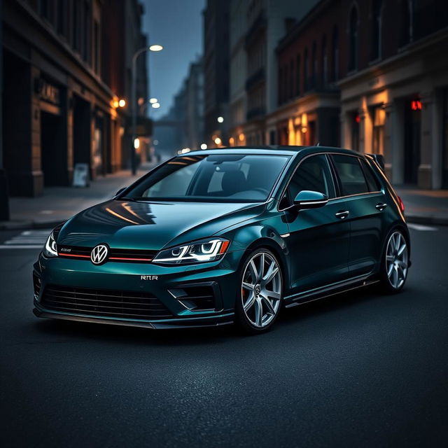 A captivating dark green MK7 Volkswagen Golf R, adorned with stylish white rally wheels and an impressive body kit, situated in a moody, dark city setting