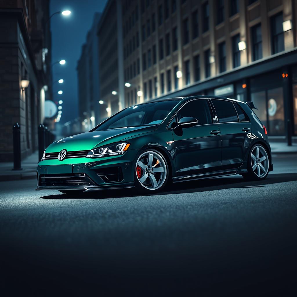 A captivating dark green MK7 Volkswagen Golf R, adorned with stylish white rally wheels and an impressive body kit, situated in a moody, dark city setting