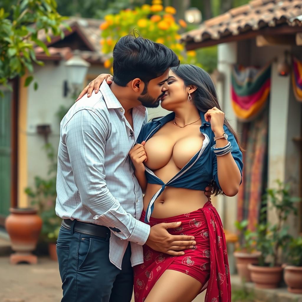 A seductive woman resembling Nushrath Bharucha, portrayed as a Telugu village girl yet stylishly dressed in a short skirt and striking red lipstick, is playfully removing her shirt, revealing her cleavage and navel while in a passionate embrace with her man