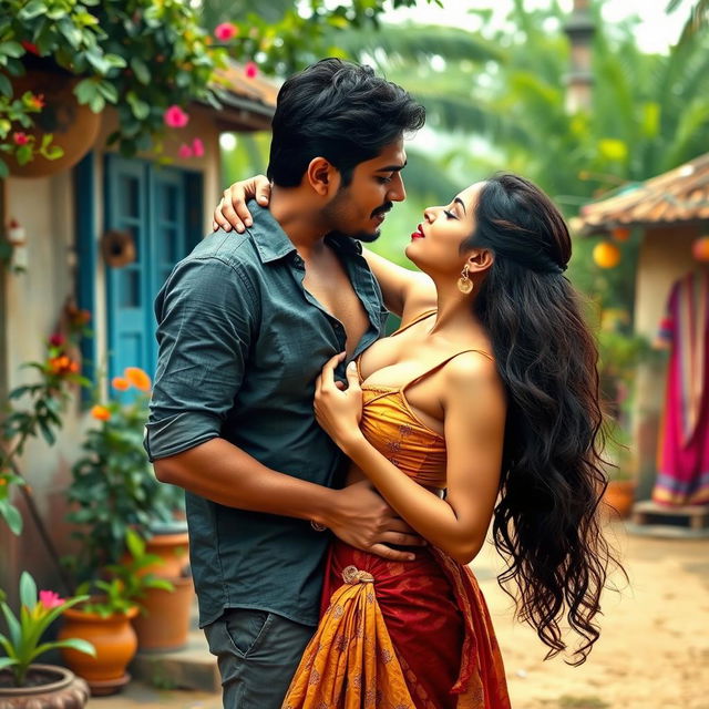 A seductive woman resembling Nushrath Bharucha, portrayed as a Telugu village girl yet stylishly dressed in a short skirt and striking red lipstick, is playfully removing her shirt, revealing her cleavage and navel while in a passionate embrace with her man