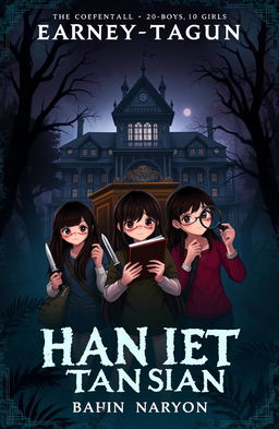 A hauntingly atmospheric book cover featuring a large, old mansion nestled in a shadowy forest