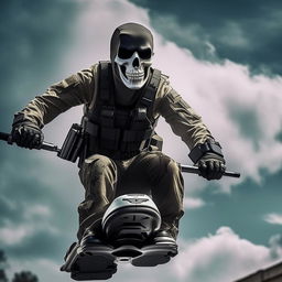 A rifle-armed kidnapper donned in a skeleton face mask and a standard bullet-proof vest, soaring in the sky on a hover-board.