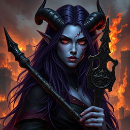 A powerful female warlock who is a tiefling, showcasing her long dark purple hair cascading down her shoulders