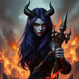 A powerful female warlock who is a tiefling, showcasing her long dark purple hair cascading down her shoulders