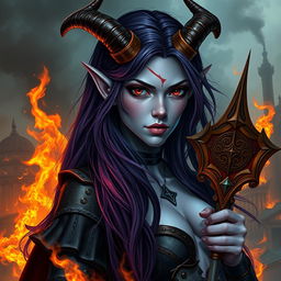 A powerful female warlock who is a tiefling, showcasing her long dark purple hair cascading down her shoulders