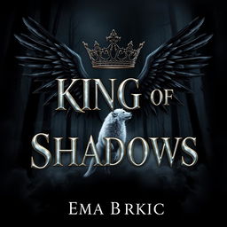 An engaging book cover design for 'King of Shadows', showcasing the title in eye-catching metallic letters that gleam against a dark and mysterious forest background