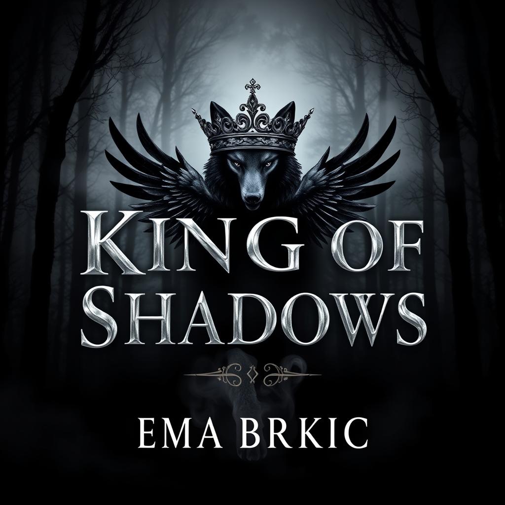 An engaging book cover design for 'King of Shadows', showcasing the title in eye-catching metallic letters that gleam against a dark and mysterious forest background