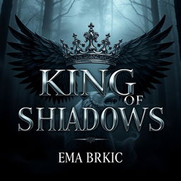 An engaging book cover design for 'King of Shadows', showcasing the title in eye-catching metallic letters that gleam against a dark and mysterious forest background