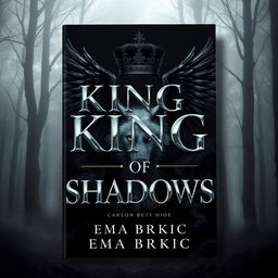 An engaging book cover design for 'King of Shadows', showcasing the title in eye-catching metallic letters that gleam against a dark and mysterious forest background