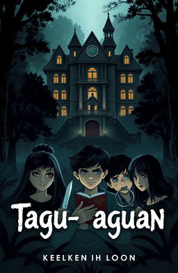 A spooky book cover featuring a large, ominous old mansion nestled within a dense, shadowy forest
