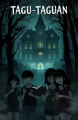 A spooky book cover featuring a large, ominous old mansion nestled within a dense, shadowy forest