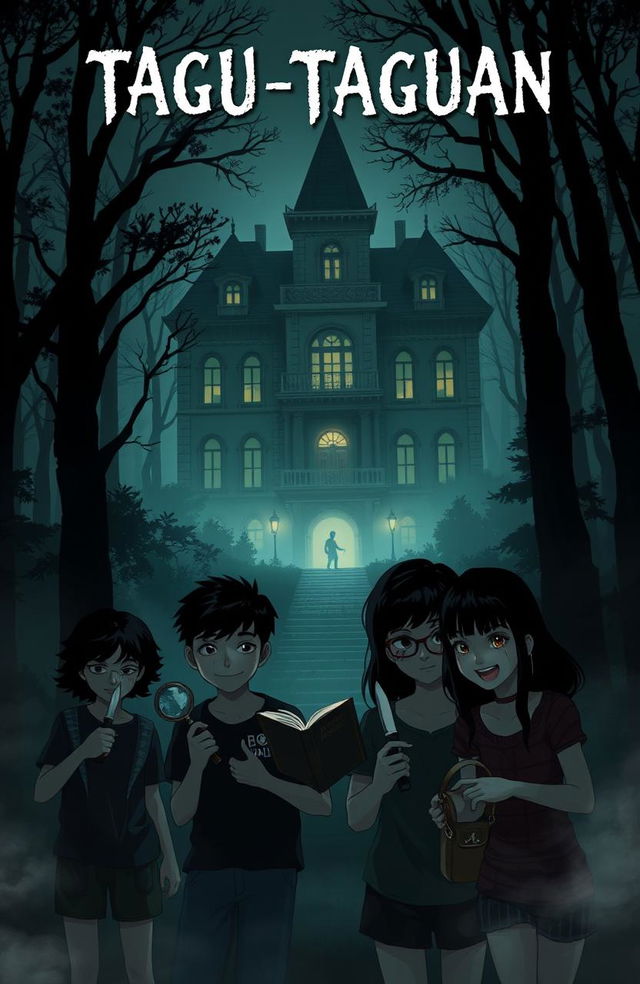 A spooky book cover featuring a large, ominous old mansion nestled within a dense, shadowy forest