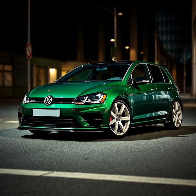 A striking dark green MK7 Volkswagen Golf R, adorned with sleek white rally wheels and a bold body kit, positioned in a dramatic dark city setting