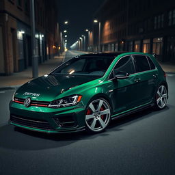 A striking dark green MK7 Volkswagen Golf R, adorned with sleek white rally wheels and a bold body kit, positioned in a dramatic dark city setting