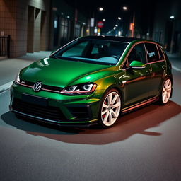 A striking dark green MK7 Volkswagen Golf R, adorned with sleek white rally wheels and a bold body kit, positioned in a dramatic dark city setting