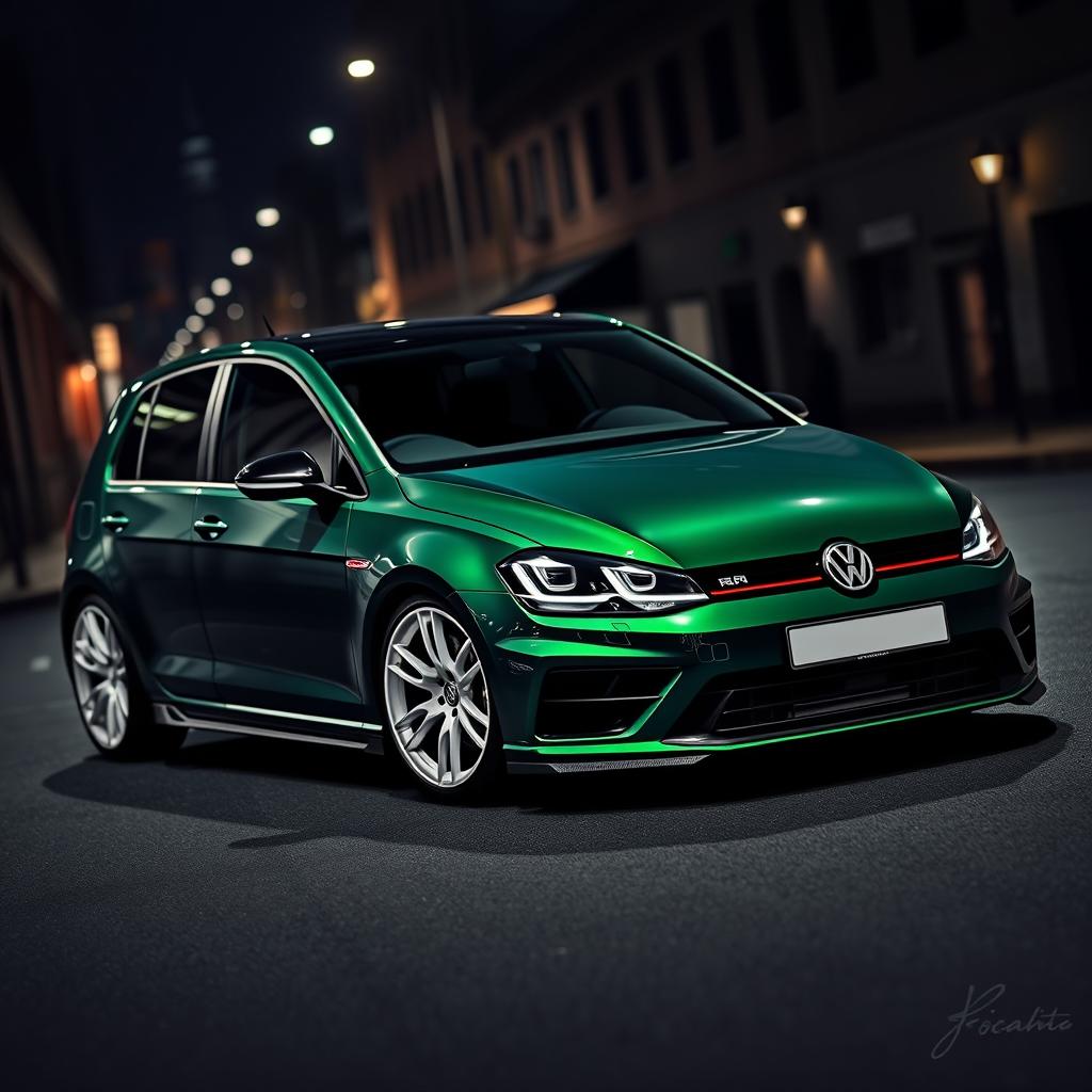 A striking dark green MK7 Volkswagen Golf R, adorned with sleek white rally wheels and a bold body kit, positioned in a dramatic dark city setting