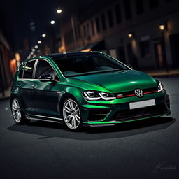 A striking dark green MK7 Volkswagen Golf R, adorned with sleek white rally wheels and a bold body kit, positioned in a dramatic dark city setting