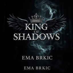 An exquisite book cover design for 'King of Shadows', showcasing the title in lustrous metallic letters that catch the light beautifully, set against a dark, moody forest background