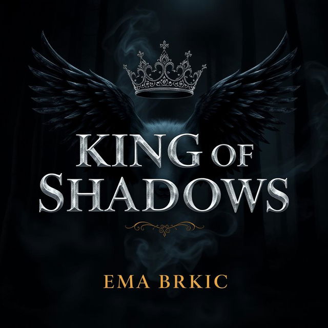 An exquisite book cover design for 'King of Shadows', showcasing the title in lustrous metallic letters that catch the light beautifully, set against a dark, moody forest background