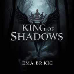 An exquisite book cover design for 'King of Shadows', showcasing the title in lustrous metallic letters that catch the light beautifully, set against a dark, moody forest background