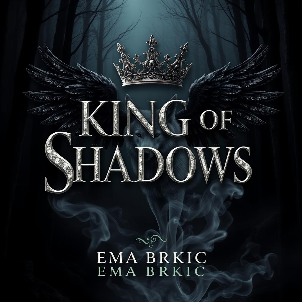 An exquisite book cover design for 'King of Shadows', showcasing the title in lustrous metallic letters that catch the light beautifully, set against a dark, moody forest background