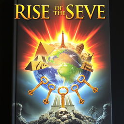The front cover of a fantasy book titled "Rise of the Seven", featuring the Seven Ancient Wonders of the World arranged in a circular formation