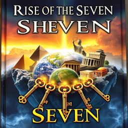 The front cover of a fantasy book titled "Rise of the Seven", featuring the Seven Ancient Wonders of the World arranged in a circular formation