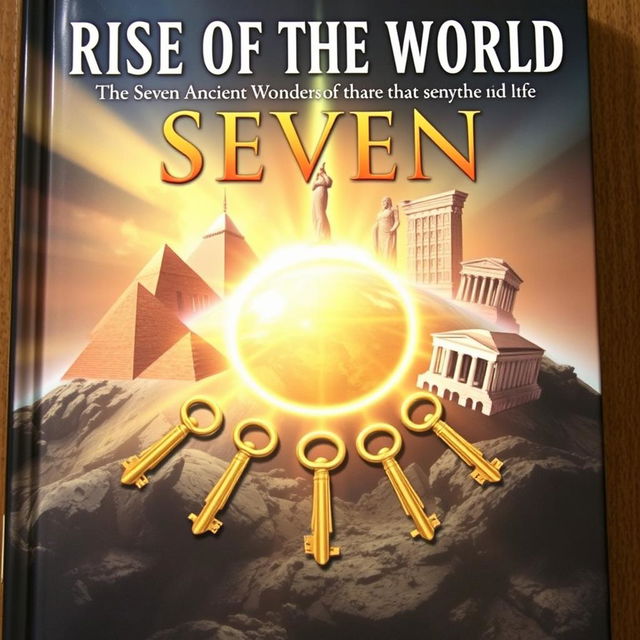 The front cover of a fantasy book titled "Rise of the Seven", featuring the Seven Ancient Wonders of the World arranged in a circular formation