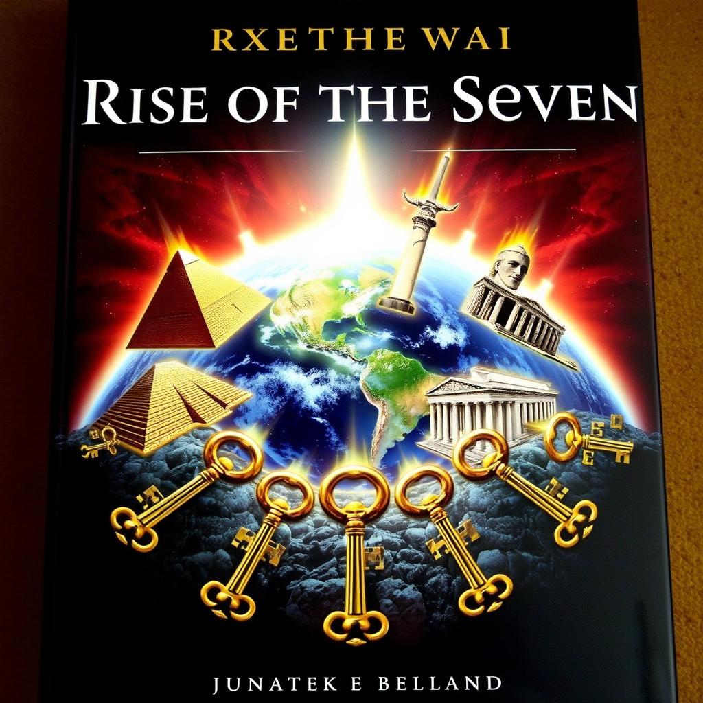 The front cover of a fantasy book titled "Rise of the Seven", featuring the Seven Ancient Wonders of the World arranged in a circular formation