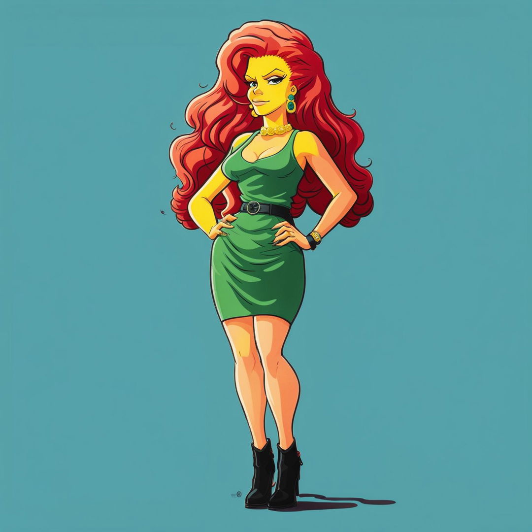 Simpsons-style cartoon character of a redheaded woman in a stylish outfit with a confident stance.