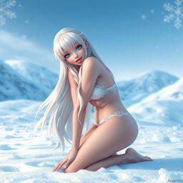 A realistic over-the-shoulder shot of a character resembling a princess with long platinum blonde hair, inspired by ice and snow themes