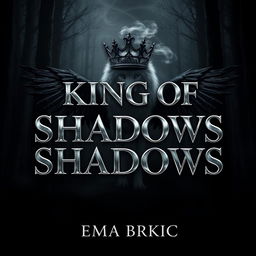 A stunning book cover design for 'King of Shadows', prominently featuring the title in metallic letters that gleam with a reflective quality, set against a dark and moody forest backdrop