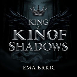A stunning book cover design for 'King of Shadows', prominently featuring the title in metallic letters that gleam with a reflective quality, set against a dark and moody forest backdrop