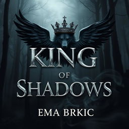 A stunning book cover design for 'King of Shadows', prominently featuring the title in metallic letters that gleam with a reflective quality, set against a dark and moody forest backdrop