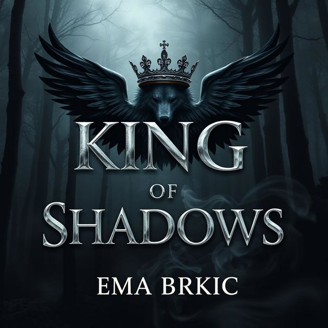 A stunning book cover design for 'King of Shadows', prominently featuring the title in metallic letters that gleam with a reflective quality, set against a dark and moody forest backdrop