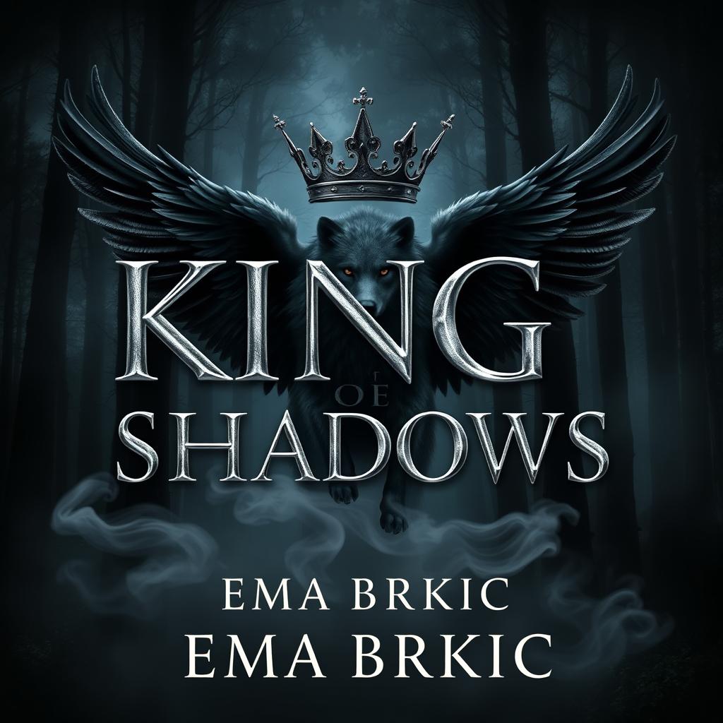 A stunning book cover design for 'King of Shadows', prominently featuring the title in metallic letters that gleam with a reflective quality, set against a dark and moody forest backdrop