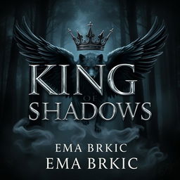 A stunning book cover design for 'King of Shadows', prominently featuring the title in metallic letters that gleam with a reflective quality, set against a dark and moody forest backdrop