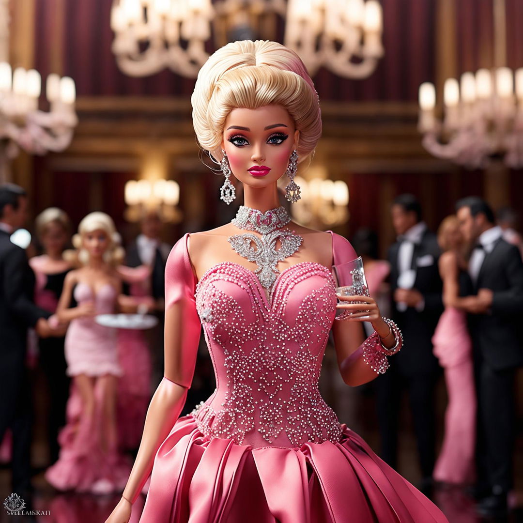 Barbie in a stylish pink evening gown attending a glamorous gala event.