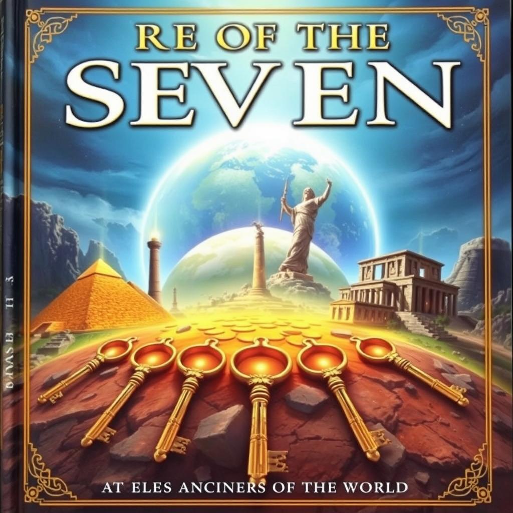 The front cover of a fantasy book titled "Rise of the Seven", featuring the Seven Ancient Wonders of the World arranged in a circular formation