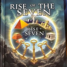 The front cover of a fantasy book titled "Rise of the Seven", featuring the Seven Ancient Wonders of the World arranged in a circular formation