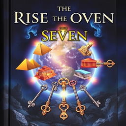 The front cover of a fantasy book titled "Rise of the Seven", featuring the Seven Ancient Wonders of the World arranged in a circular formation