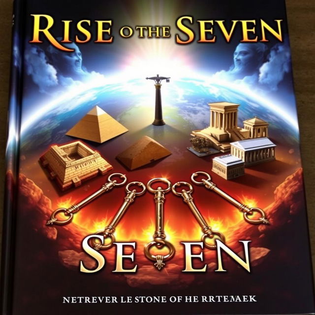 The front cover of a fantasy book titled "Rise of the Seven", featuring the Seven Ancient Wonders of the World arranged in a circular formation