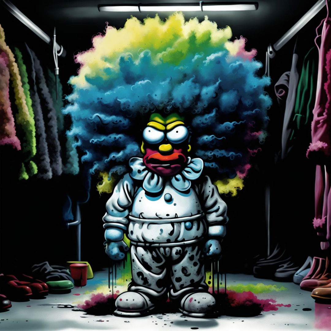 A melancholic Krusty the Clown in Simpsons style cartoon. His vibrant colors are dulled, eyes downcast and room filled with less vibrant props.