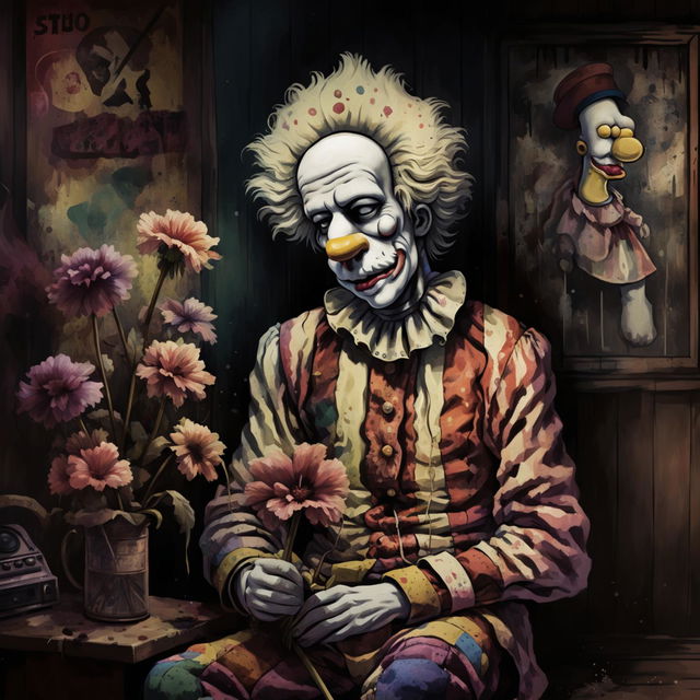 A depressed clown in Simpsons style sitting alone in a dimly lit room filled with vintage items and playing lofi music.