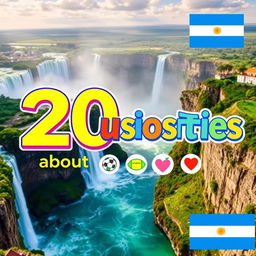 A vibrant and eye-catching YouTube thumbnail showcasing the theme '20 Curiosities about Argentina'