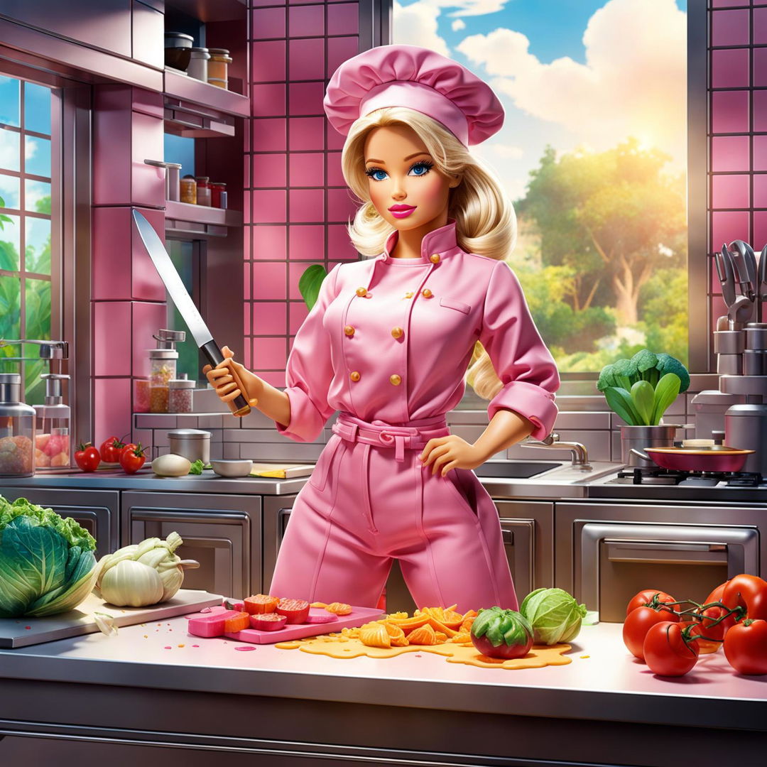 Barbie in a pink chef's outfit cooking in a modern kitchen.