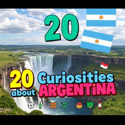 A vibrant and eye-catching YouTube thumbnail showcasing the theme '20 Curiosities about Argentina'