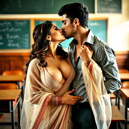 A seductive woman resembling Nushrath Bharucha, styled as a teacher in an elegant and transparent saree paired with bold red lipstick, is captured in a passionate moment with her student