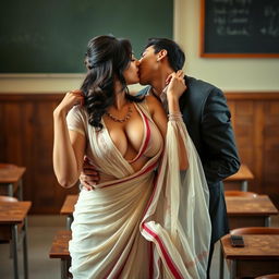 A seductive woman resembling Nushrath Bharucha, styled as a teacher in an elegant and transparent saree paired with bold red lipstick, is captured in a passionate moment with her student